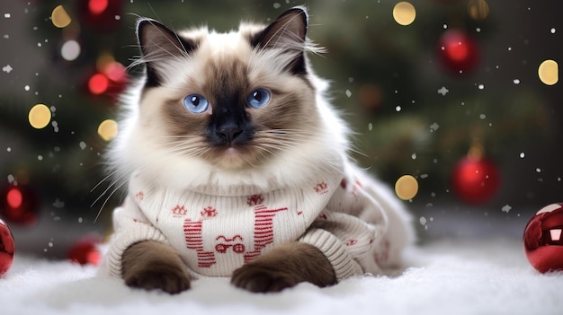 Birma-Katze trägt einen Weihnachtspullover unter einem Weihnachtsbaum im Schnee mit Bokeh-Licht