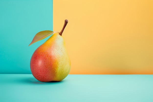 Birne mit grünem Blatt auf blauem und gelbem Hintergrund