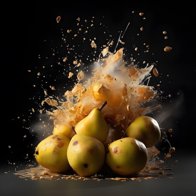 Foto birnen, früchte, gemüse, explosion, spritzen mit wasser in der luft.