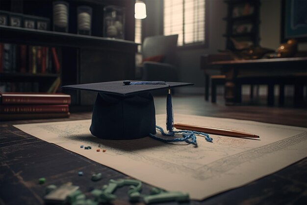 Un birrete de graduación descansa sobre una hoja de papel con un lápiz.