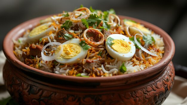 Biryani aromático en capas con arroz con especias, pedazos tiernos de carne y azafrán adornados con cebollas fritas, huevos cocidos y cilantro fresco