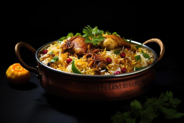 Biryani Biryani ist ein beliebtes Gericht aus Maharashtra, das aus Basmatireis, Hühnchen und Gewürzen besteht. Indisches Hühnchen-Biryani mit Reis und Gemüse auf einem schwarzen Hintergrund, der von einer KI generiert wurde