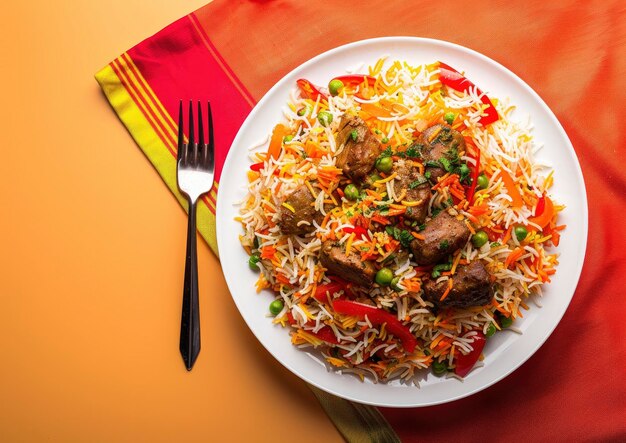 Un biryani colorido en un plato blanco