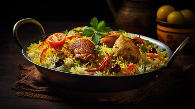 Biryani com arroz basmati de frango e vegetais em panela na mesa