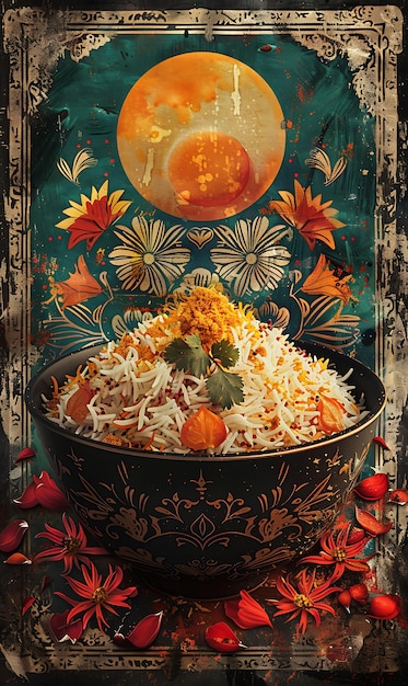 Biryani com Raita Saffron Strands e Basmati Rice Decorati Ilustração Alimentos Bebidas Sabores indianos