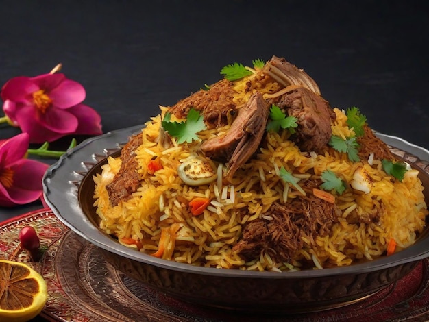 Biryani de cordero con un plato de arroz y un plato de comida sobre la mesa