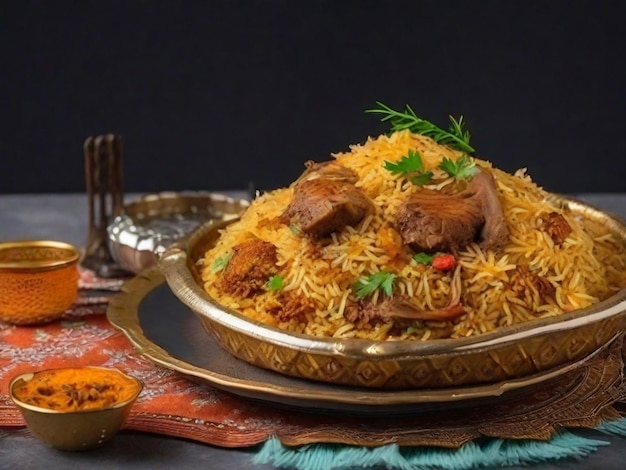 Biryani de cordero con un plato de arroz y un plato de comida sobre la mesa