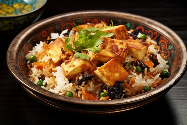 Biryani con cubos de tofu de seda