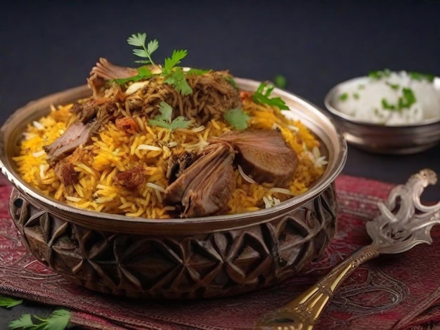Biryani de carneiro com uma tigela de arroz e uma tigela de comida em cima da mesa