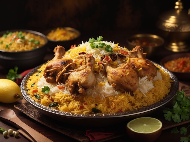 Foto biryani de frango gourmet com arroz basmati cozido gerado por ia