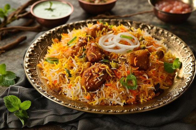 Biryani de frango picante ao estilo paquistanês com raita