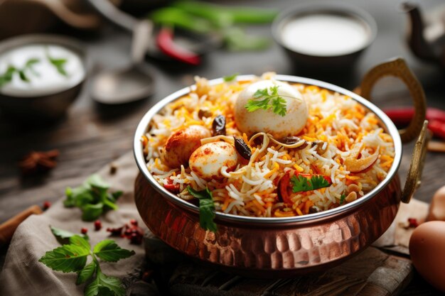 Biryani de ovo indiano ou arroz anda servido em kadhai ou kadai com molho de iogurte com foco seletivo