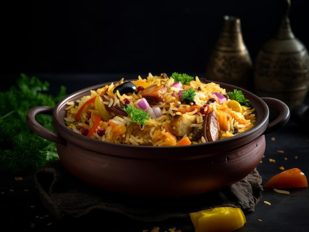 Biryani con especias aromáticas y verduras de colores