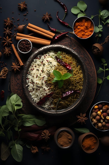 Biryani-Gericht mit Basmati-Reis und duftenden Gewürzen Reichhaltige und indische kulinarische Kultur-Layout-Website