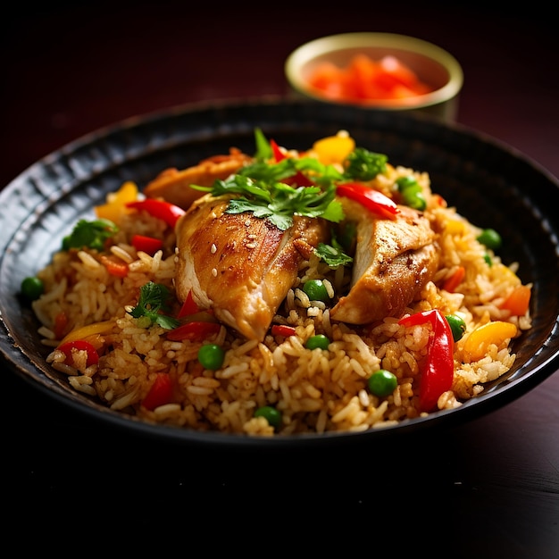Biryani gourmet con arroz de azafrán y pollo