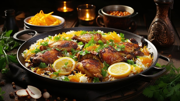 Biryani gourmet com arroz açafrão e fundo de frango