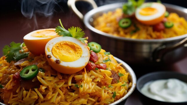 Biryani indio de huevo o arroz anda servido en kadhai o kadai con salsa de yogur con enfoque selectivo