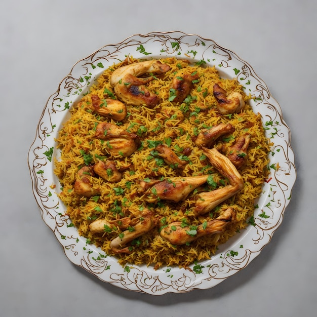 Biryani de pollo de arroz marrón en un plato con corianderas de hojas verdes