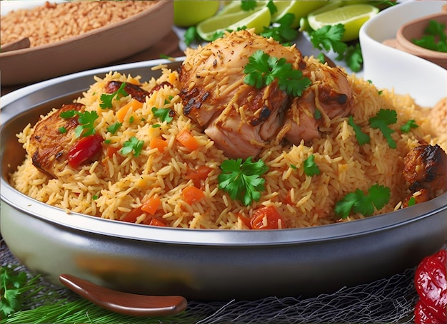 Biryani de pollo gourmet con arroz basmati al vapor generado por IA