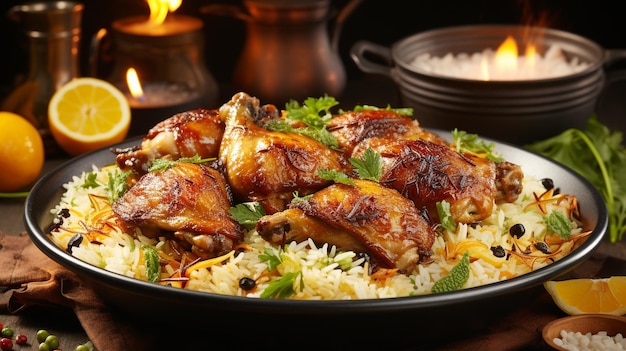 Biryani de pollo gourmet con arroz basmati al vapor