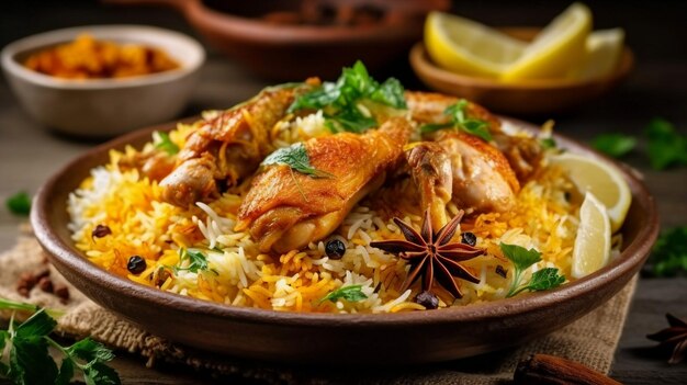 Biryani de pollo gourmet con arroz basmati al vapor