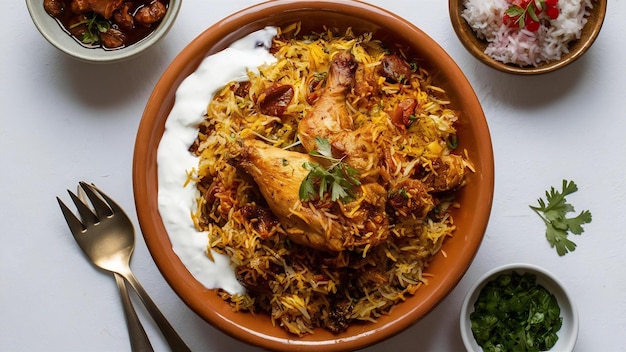 El biryani de pollo indio se sirve en un tazón de terracota con yogur sobre un fondo blanco