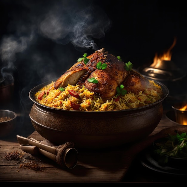 Biryani de pollo jugoso con humo