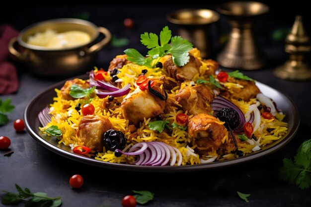 El biryani de pollo se sirve en un plato