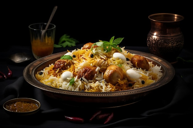 El biryani de pollo se sirve en un plato