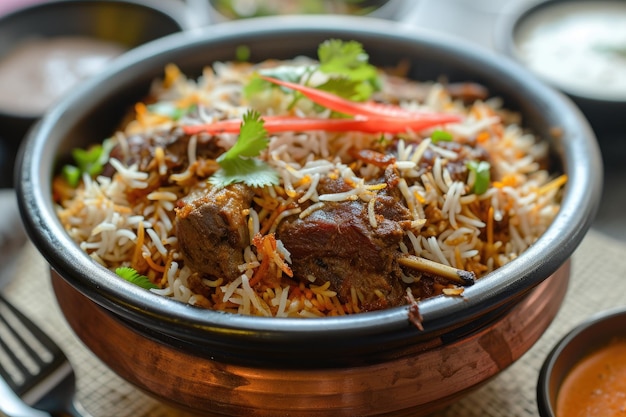 Foto biryani romântico em camadas com arroz e carne saborosos