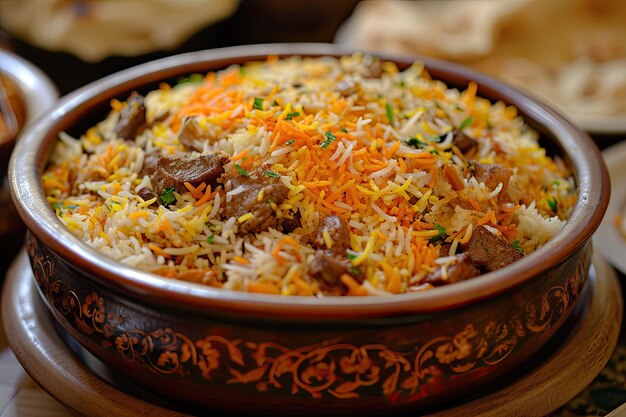 Foto biryani romântico em camadas com arroz e carne saborosos