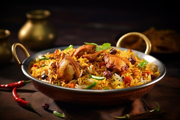 Foto biryani served with a side of spicy chicken