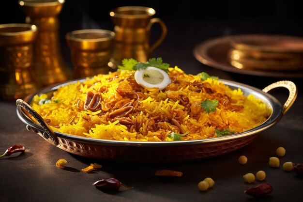 Foto biryani servido en una cama de arroz de jazmín perfumado