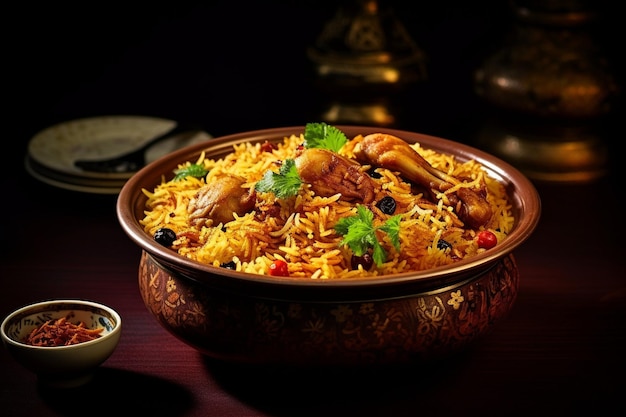 Foto biryani servido com um lado de frango picante