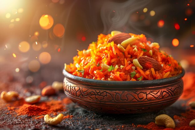 Biryani tradicional picante en cuenco adornado con nueces y vapor en un fondo festivo