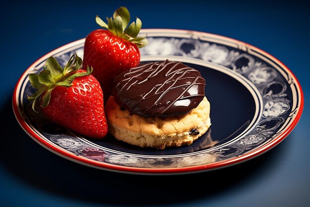 Biscoito com morangos e chocolate redondo dentro de um prato azul