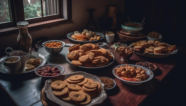 Foto biscoito de chocolate caseiro em uma mesa de madeira rústica em close-up gerado por inteligência artificial