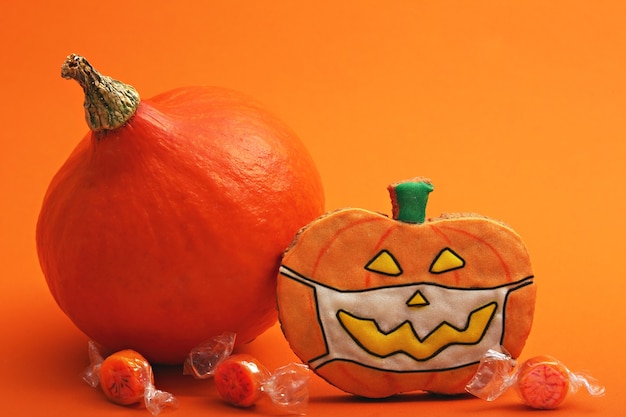 Biscoito de gengibre de Halloween em fundo laranja e biscoito delicioso de abóbora para o Halloween