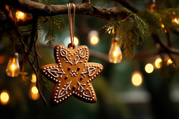 Biscoito estrela de natal pendurado na árvore de natal