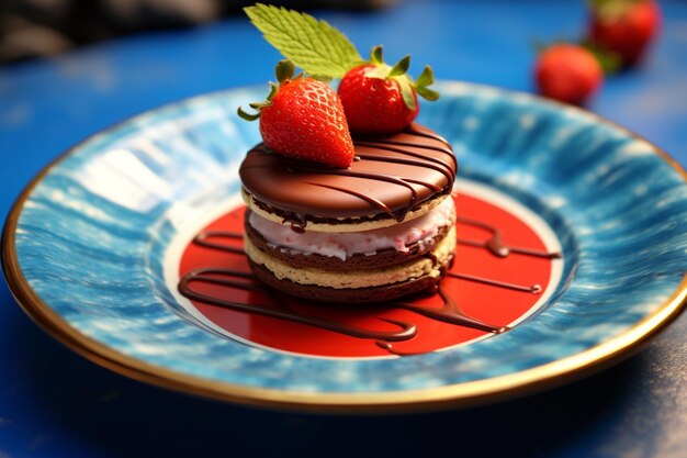 Foto biscoito con fresas y chocolate redondo dentro de un plato azul