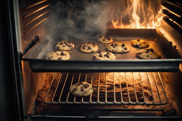 Biscoitos caseiros na assadeira no forno em chamas