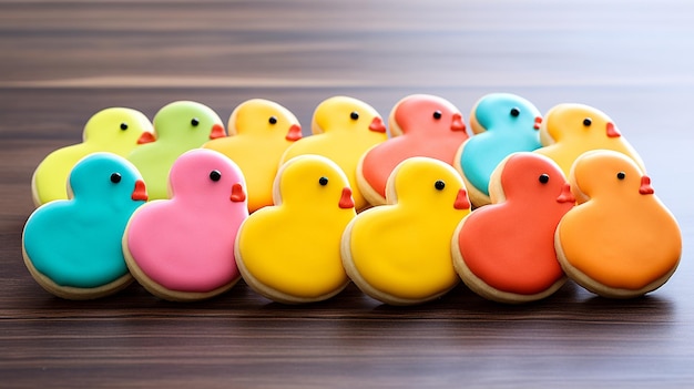 Foto biscoitos coloridos de páscoa em forma de frango