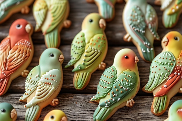 Foto biscoitos coloridos em forma de pássaro feitos à mão