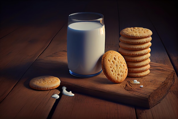 Biscoitos com leite sobre fundo de madeira pela manhã Generative Ai