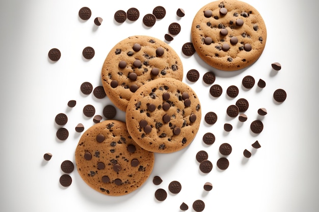 Biscoitos com pedaços de chocolate isolados em um pano de fundo branco, olhando para cima