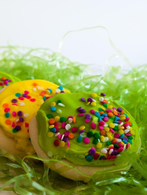 Biscoitos de açúcar de Páscoa decorados na grama.