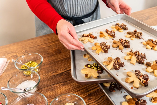 Biscoitos de açúcar em forma de flocos de neve com ponta de chocolate, nozes trituradas, nozes esmagadas, assados de férias