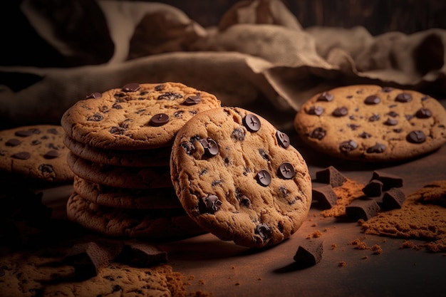 Biscoitos de atenção seletiva com lascas de chocolate em uma mesa marrom isolada