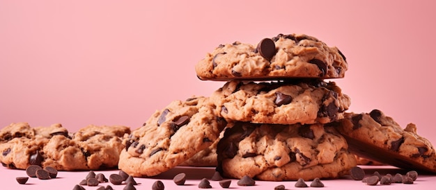 Biscoitos de aveia com chocolate são dispostos em uma pilha em um fundo rosa