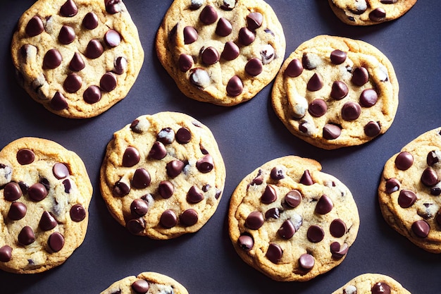 Biscoitos de aveia com gotas de chocolate na mesa azul